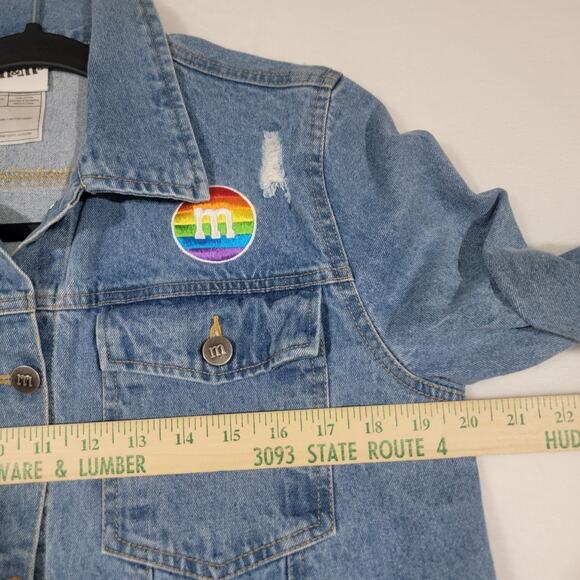 M&M Rainbow Vibes Denim Jean Jacket Large Pride Distressed - Picture 8 of 16